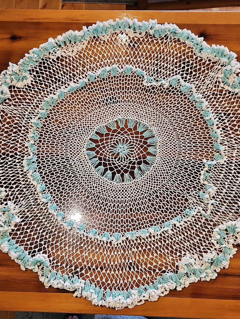 Handmade Crochet Doily with Mint Accents